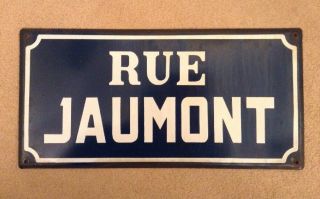 Vintage French Enamel Street Sign Rue Jaumont Plaque Metal Blue Road