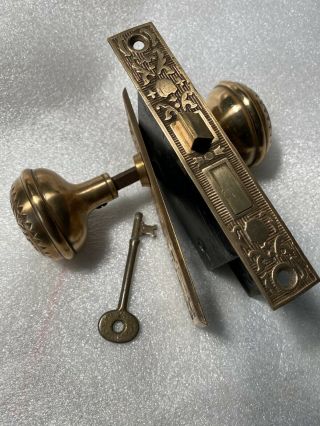 Antique Victorian Brass Sargent Eastlake Lockset With Skeleton Key