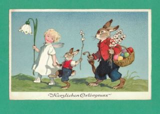 1938 Fritz Baumgarten Easter Fantasy Postcard Dressed Rabbits Girl Snowdrop Eggs