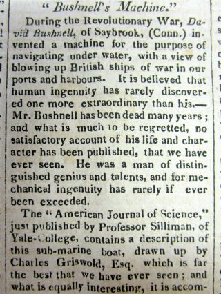 Best 1820 Newspaper Detailed Account David Bushnell Submarine Revolutionary War
