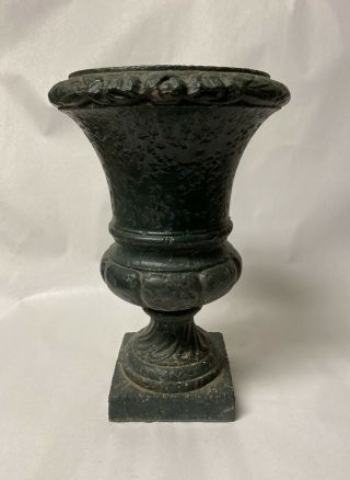 Unusual Small Antique Cast Iron Garden Urn With Green Glaze