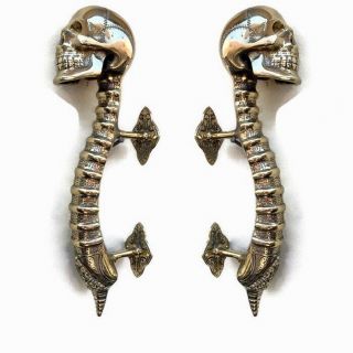 2 Large Skull Handle Door Pull Spine Brass Old Style Polished Plate 13 " Long B