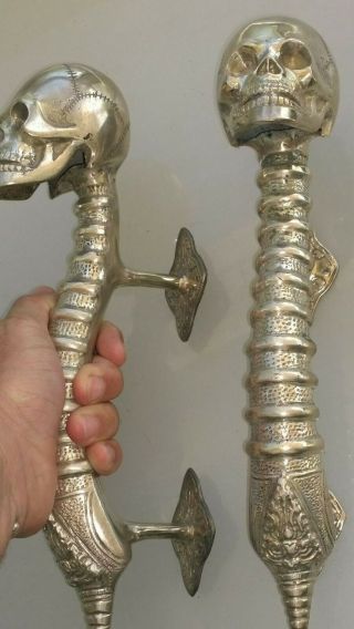 2 Large Skull Head Handle Door Pull Spine Silver Over Brass Old Style 33 Cm B