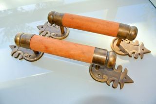 2 Large Door Handle Pull Solid Brass Ends Wooden Old Vintage Asian Style 15 " B