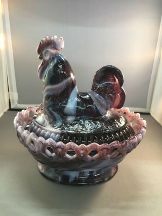 Vintage Imperial Glass Company Rooster On Nest - Purple / White Slag Glass