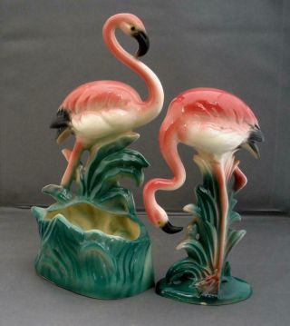 Vintage 1950s Pink Flamingo Ceramic Planter Set Mid - Century Retro Maddux Style