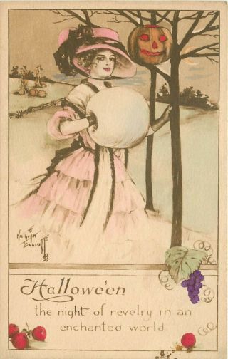 Gibson Art Hand - Colored Halloween Postcard A/s Kathryn Elliot,  Woman