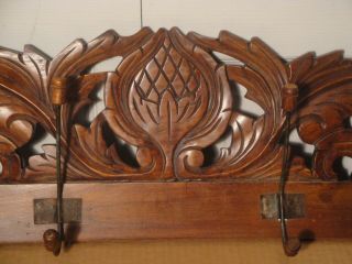 Antique Hand Carved Wooden Wall Hanging Panel Coat Hat Rack 4 Double Hooks L - 41 "