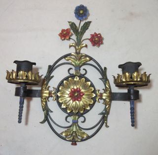 Antique Ornate Hand Wrought Iron Cold Painted Brass Candle Holder Wall Sconce