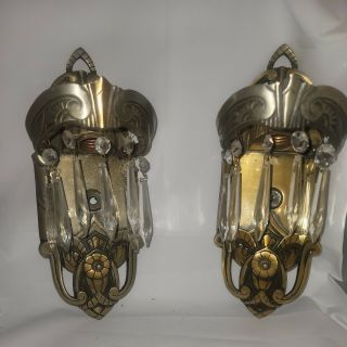 Pair Antique Art Deco Cast Iron Light Fixture Ornate Wall Mount Sconces W Prisms