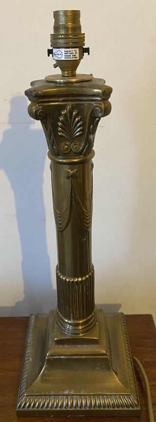 Antique Vintage Brass Corinthian Column Table Lamp Light 19ins Tall Vgc Pat Test