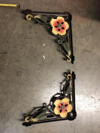 2 Vintage Flower Ornate Cast Iron Shelf Brackets 9” X 9” Roseville