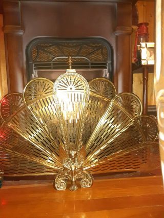 Vintage Brass Peacock/phoenix Folding Fan Fire Screen Fireplace Gargoyle 24 " Tal