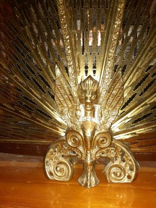 Vintage Brass Peacock/Phoenix Folding Fan Fire Screen Fireplace Gargoyle 24 