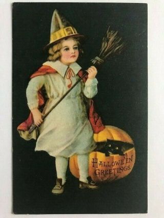 Antique Wolf & Co.  Ny Halloween Post Card - Witch & Black Cat -