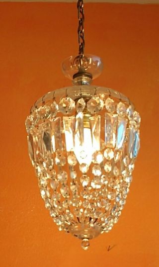 Antique French Crystal Basket Chandelier With Crystal Glass Bottom & Top