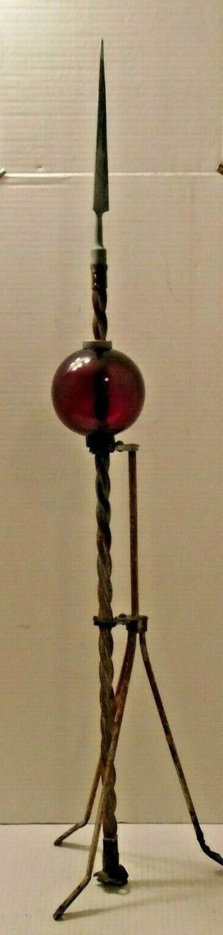 Early 1900s West Dodd Fancy Twisted Lightning Rod W/pigeon Blood Red Glass Ball