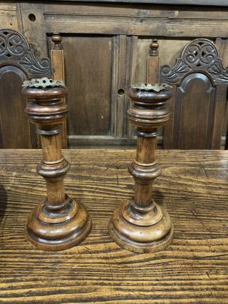 Small 19th Century Turned Candlesticks With Brass Tops