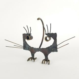 Brutalist Metal Cat Sculpture Abstract Mid Century Iron Heavy Rustic Vtg 10in W