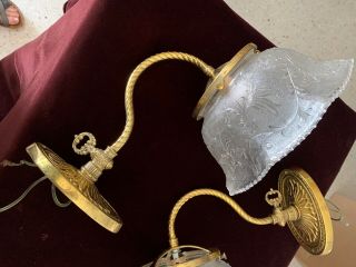 Victorian Antique Wall Sconce Brass Pair With Glass Shades