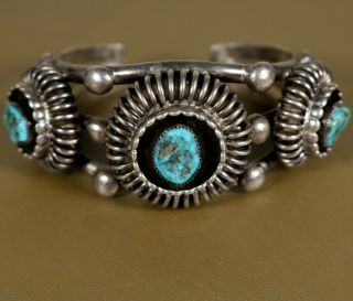 Vintage Old Pawn Navajo Mid Century Handmade 3 Stone Turquoise Sterling Bracelet