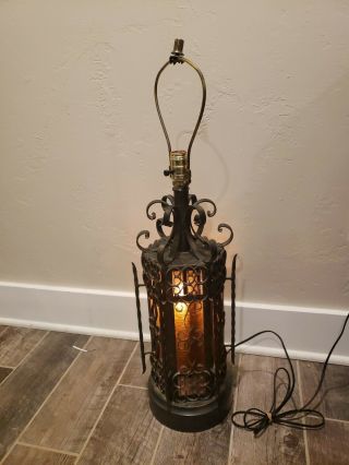 Vintage Spanish Revival Table Lamp Iron Amber Glass Panel Scrolls Gothic