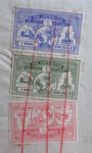 India 1941 War Fund Stamps Showing Godess Durga Killing A German Soldier On Doc