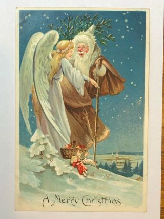 C 1910 Brown Robe Santa Claus Christmas Dance Angel Postcard Germany Antique Ex