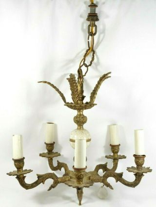 Vtg 5 - Arm Brass Chandelier Light Fixture Fancy Ornate Leaves