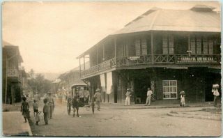 1910s Manila Philippines Rppc Photo Postcard Street Scene " Farmacia Americana "