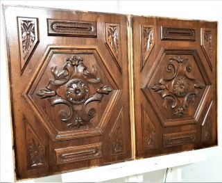 Pair Rosette Flower Wood Carving Panel Antique French Architectural Salvage