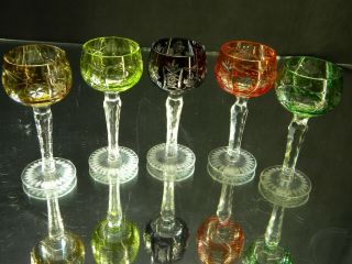 Set Of 5 Multi Colored Ajka Marsala Cut To Clear Crystal Cordials 4 5/8 " Tall