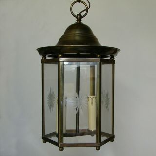 Antique French Lantern Brass Hand Cut Glass Hanging Ceiling Light Pagoda Style