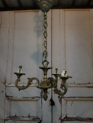 Vintage Antique French Rococo Brass 3 Arm Chandelier Ceiling Light