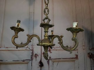 Vintage Antique French Rococo Brass 3 Arm Chandelier Ceiling Light 2