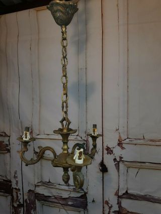 Vintage Antique French Rococo Brass 3 Arm Chandelier Ceiling Light 3