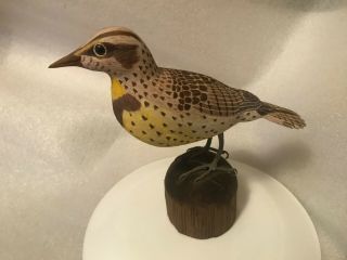Vtg Poconos Meadow - Lark Hand Carved Painted Wood On Fence - Post Glass Eyes Signed