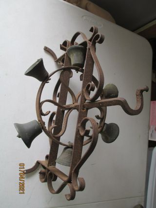 Antique 14 " Wrought Iron Rotating Door Bell With Six Brass Bells.