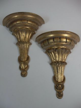 Pair Hand Carved Gold Gilt Wood Swag Plume Wall Bracket Shelves Made In Italy