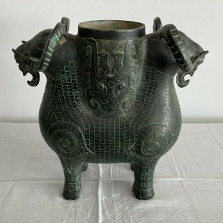 Antique Vintage Chinese Bronze Large Rams Wine Vessel Hu / Vase / Urn / Pot