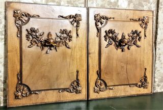Pair Bow Garland Flower Wood Carving Panel Antique French Architectural Salvage