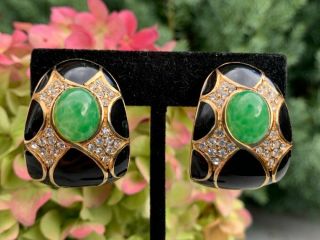 Vintage Signed Ciner Moghul Jewels Of India Jade Rhinestone Cab Enamel Earrings