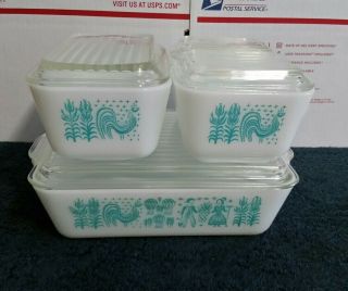 Pyrex Amish Butterprint Refrigerator Dish 8 Pc.  Set Turquoise White Rooster Vtg.