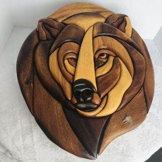 Grizzly Bear Head Intarsia Wood Wall Art Home Decor Plaque Western Lodge 20 - Inch