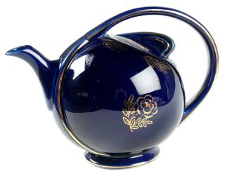 Antique Vintage Art Deco Cobalt Blue Ceramic Tea Pot Pitcher Gold Rose Gift Fab