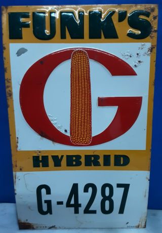 Vintage Funks G Hybrid Seed Corn Sign Dealer Farm Metal Feed Cattle Hog Chicken