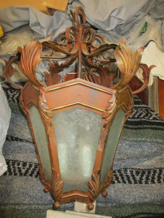 Antique Vintage Hanging Lamp Light Ceiling Fixture Cast Metal Glass Panels