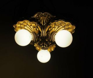 Art Deco Nouveau Solid Brass Flush Mount 3 Bulb Ceiling Fixture.