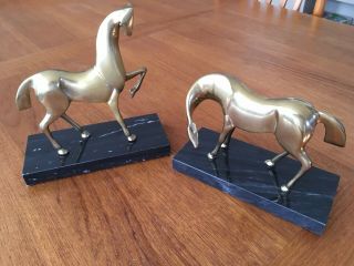 Pr.  Vintage Mid Century Modern Solid Brass Horse Sculptures Bookends/marble Base