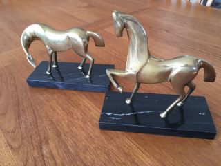 Pr.  Vintage Mid Century Modern Solid Brass Horse Sculptures Bookends/Marble Base 2